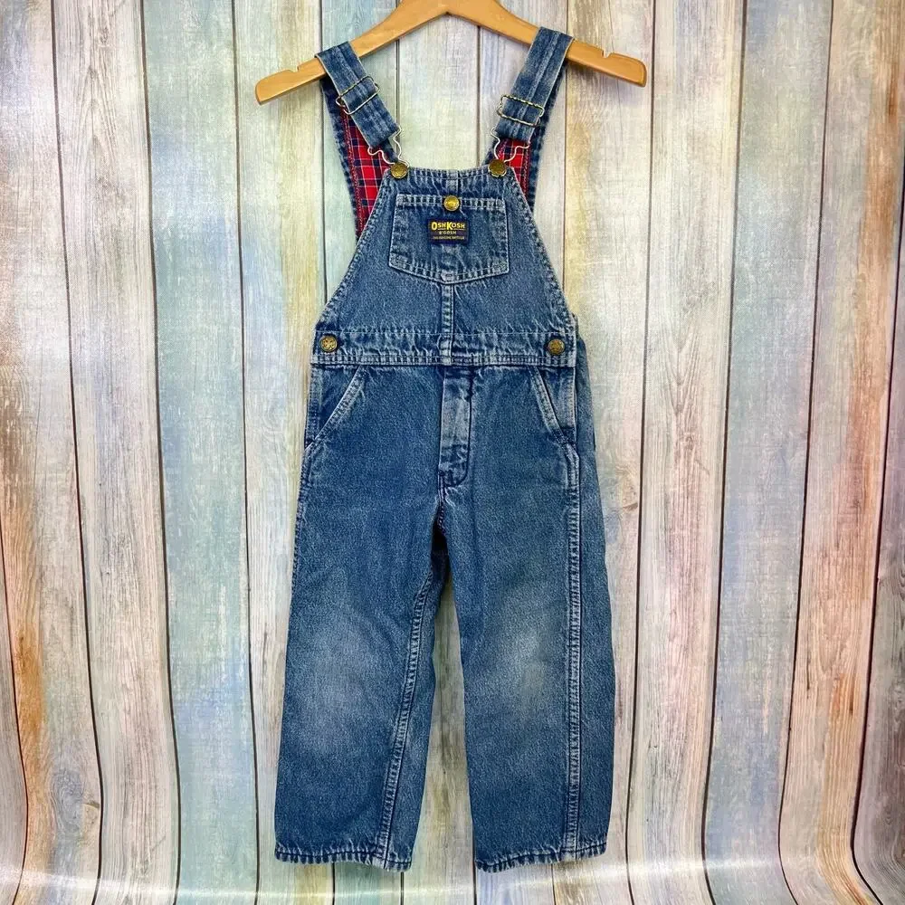 OshKosh B'Gosh Denim Overalls Red Plaid Lined Size 4T Made USA Vintage Vestbak
